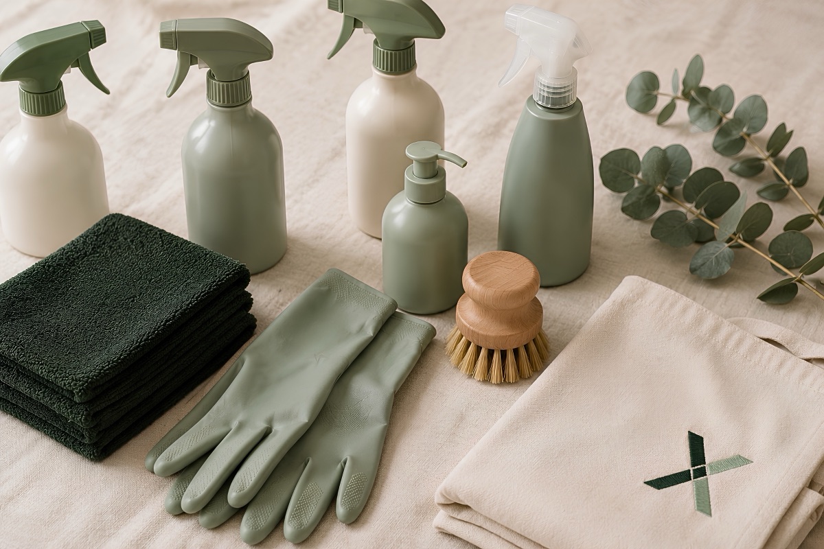 Eco-friendly cleaning supplies laid out on cream linen